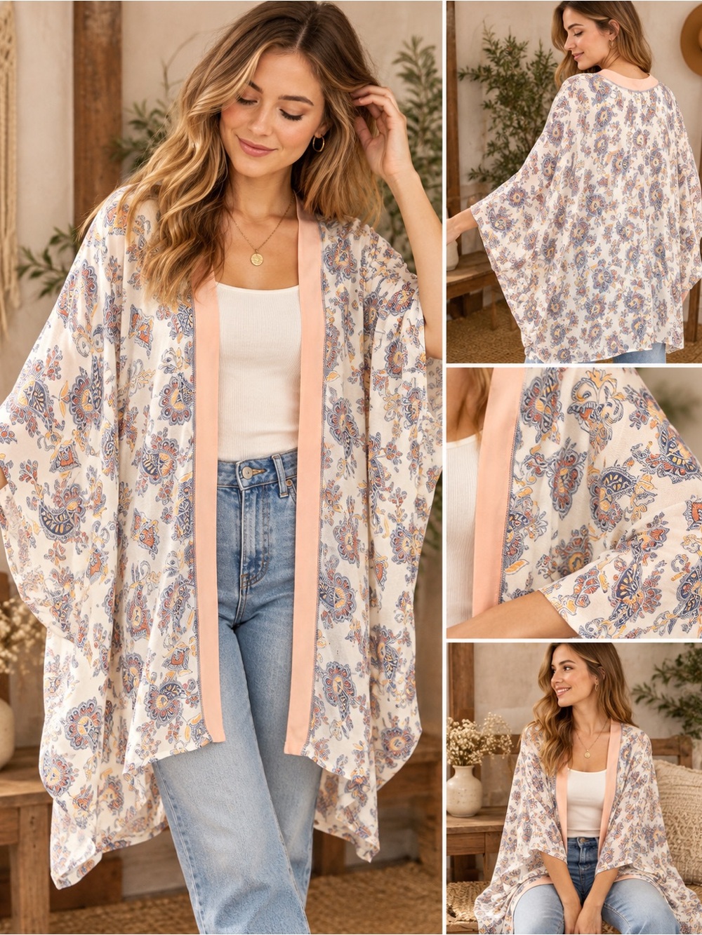LOFT Cream Floral Kimono with Peach Trim